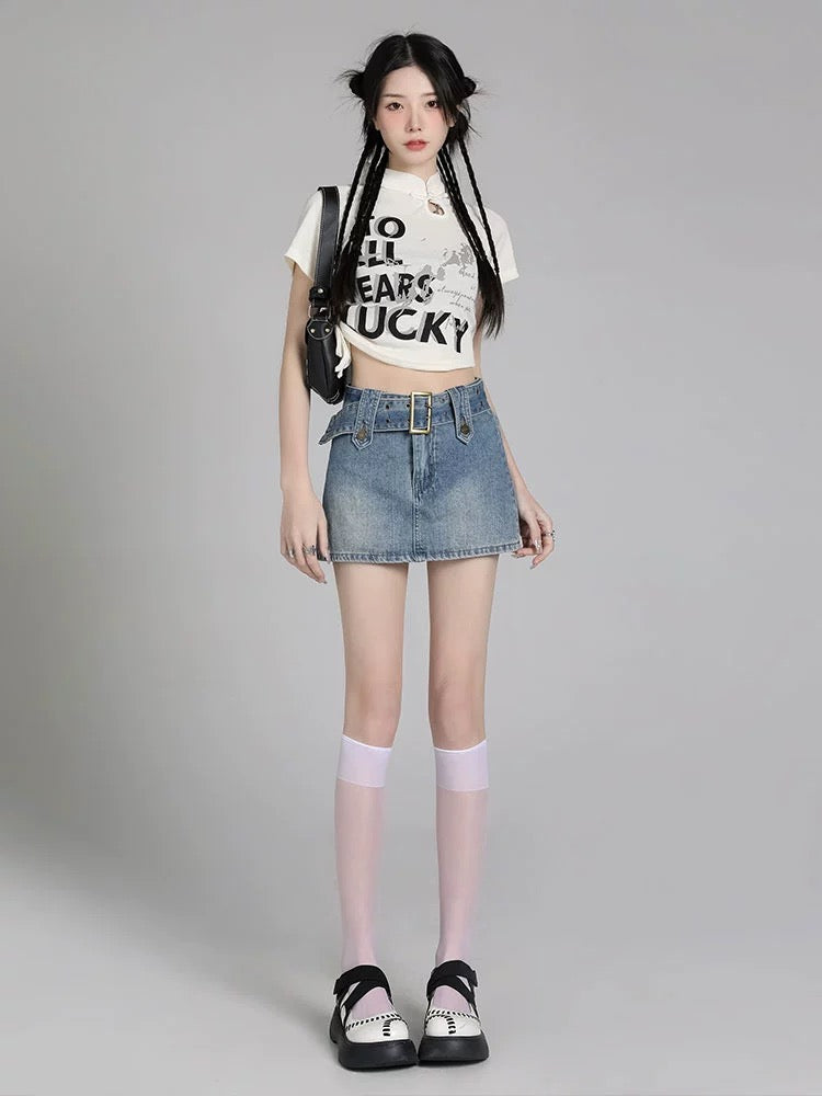 American retro high-waisted denim skirt for small women, slim A-line hip-hugging culottes, spring and summer new trend