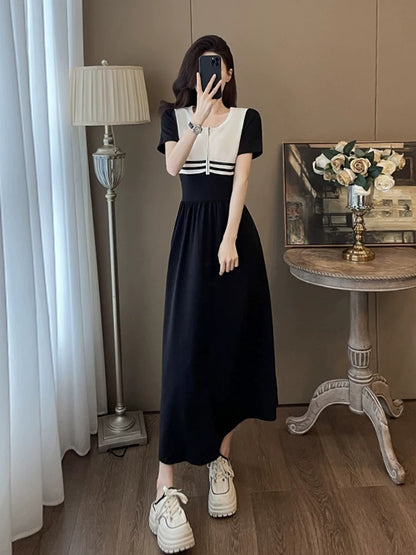 La Chapelle high-grade black splicing casual dress for women in summer 2024 new long waist slimming dress