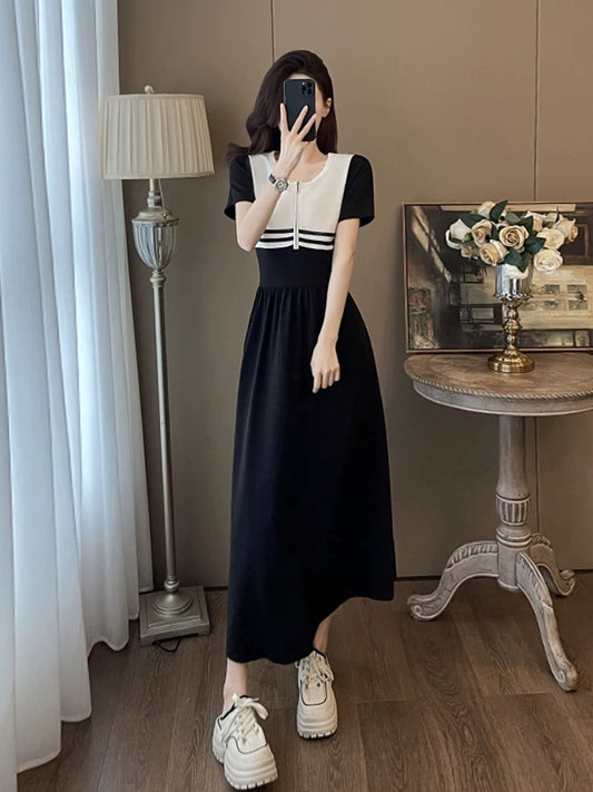 La Chapelle high-grade black splicing casual dress for women in summer 2024 new long waist slimming dress