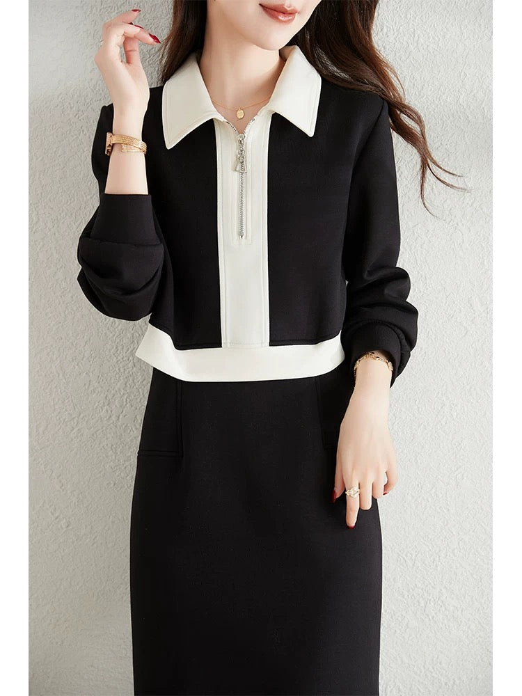 Contrast color splicing fake two-piece dress for women 2024 autumn new style waist slimming long casual sweatshirt dress