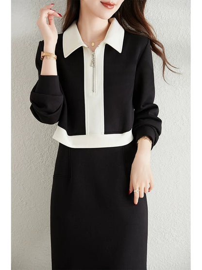 Contrast color splicing fake two-piece dress for women 2024 autumn new style waist slimming long casual sweatshirt dress