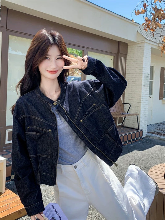 Dark blue retro topstitched denim short jacket for women spring and autumn 2025 new style small size jacket top popular style