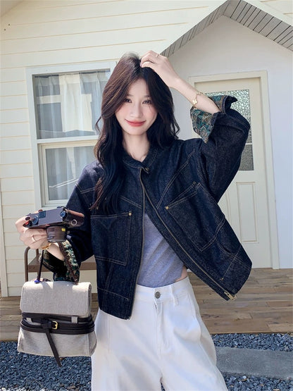 Dark blue retro topstitched denim short jacket for women spring and autumn 2025 new style small size jacket top popular style