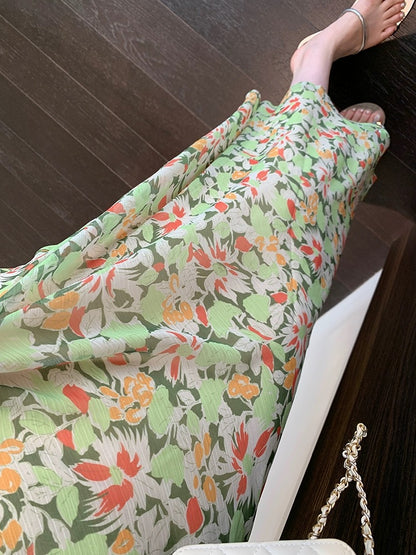 AMR UU◆Vacation style French romantic white and green printed long skirt with waist slimming dress for women summer new style