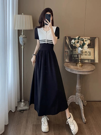 La Chapelle high-grade black splicing casual dress for women in summer 2024 new long waist slimming dress