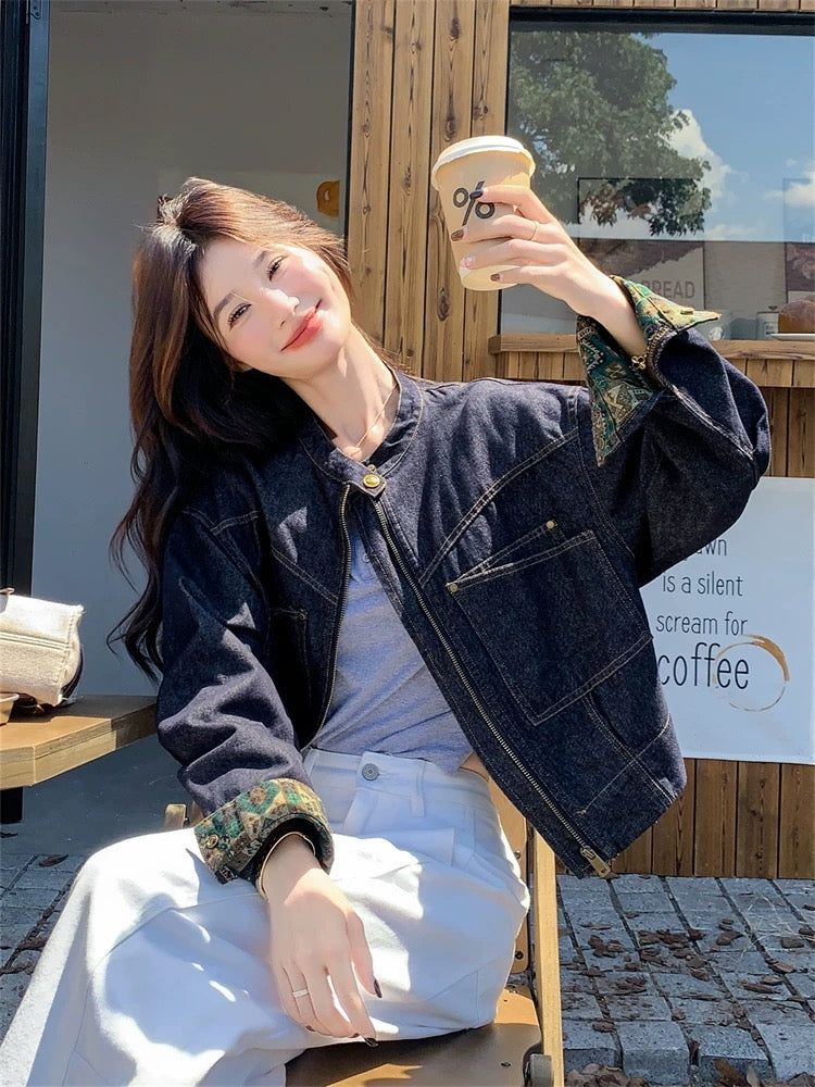 Dark blue retro topstitched denim short jacket for women spring and autumn 2025 new style small size jacket top popular style