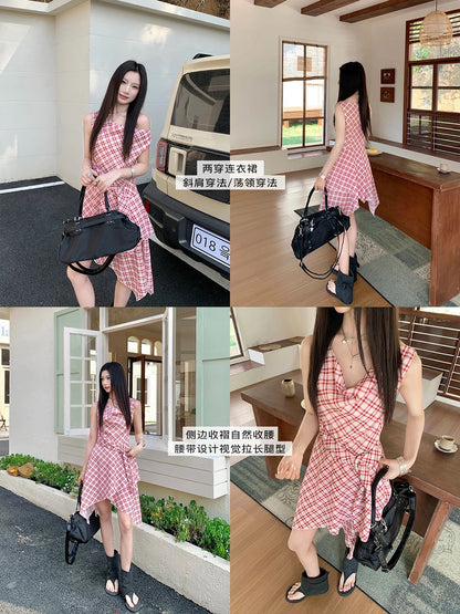 Joeyoo's new design irregular off-shoulder plaid dress, mid-length, tie-waist, off-shoulder style, perfect for summer.