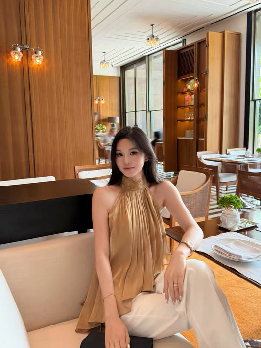 5werkwen "Pretty Sister Who Buys Me Food" Style: Irreguar Halter-Neck Tank Top with Soft-Glow Golden Sheen, Lace, and Ribbon Ties