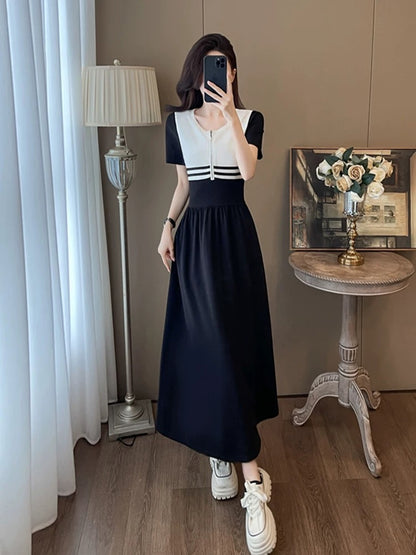 La Chapelle high-grade black splicing casual dress for women in summer 2024 new long waist slimming dress