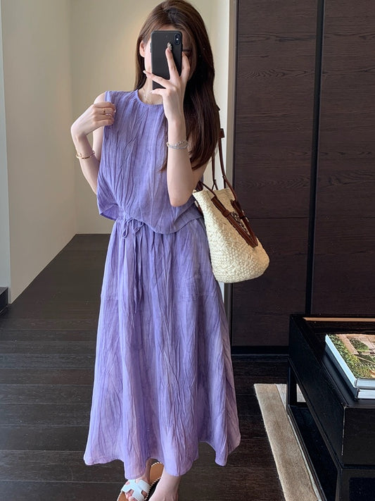 AMR UU◆Heavy Tencel Linen Breathable High-End Tie-Dye Slim Suit Vest Skirt Women's Summer New Style