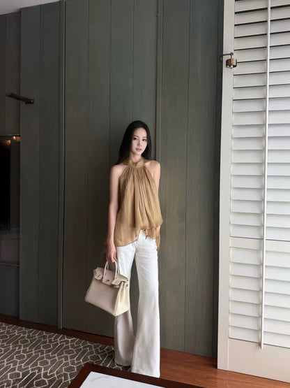 5werkwen "Pretty Sister Who Buys Me Food" Style: Irreguar Halter-Neck Tank Top with Soft-Glow Golden Sheen, Lace, and Ribbon Ties