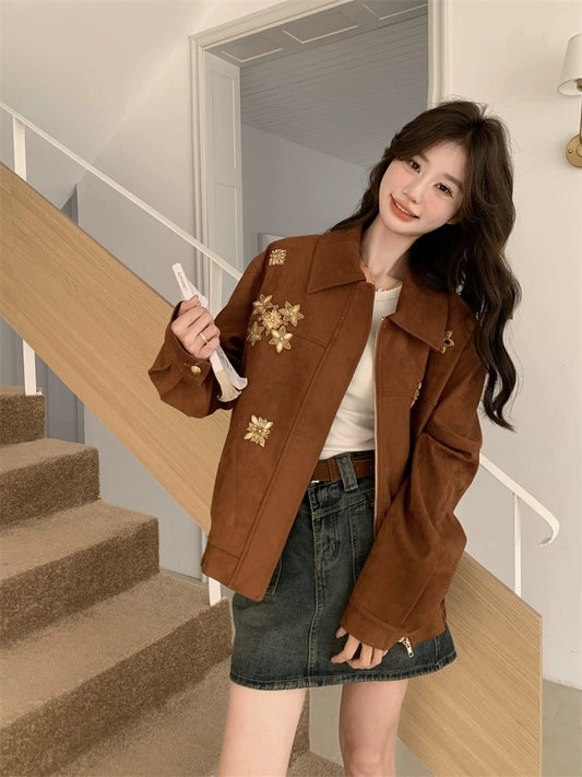 Heavy-duty nail diamond suede jacket for women Spring and Autumn 2025 new style high-end popular Korean motorcycle clothing hot-selling tops