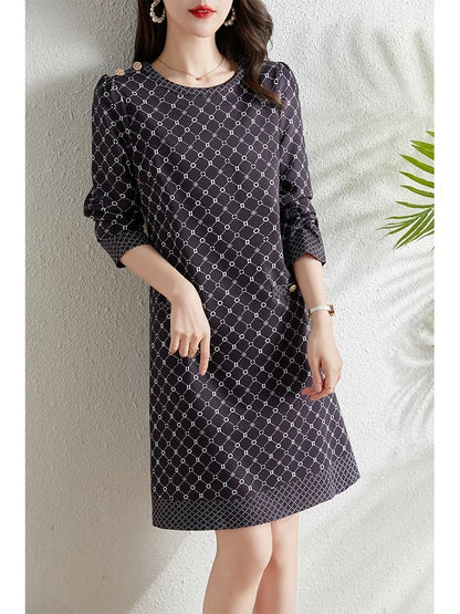 French 2024 autumn new retro fashion plaid print dress women's fat mm slimming temperament a-line skirt