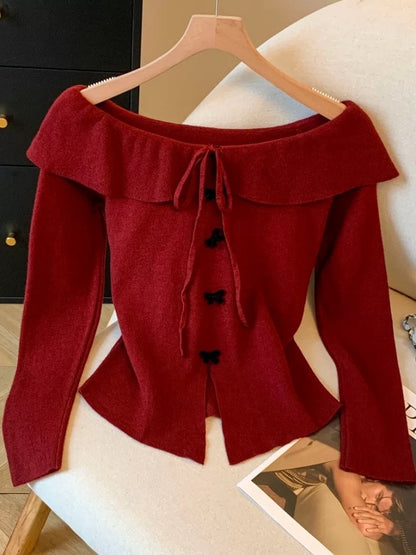 French-style pure and alluring red off-shoulder long-sleeved knit top for women, autumn and winter inner layer base layer, short bow top