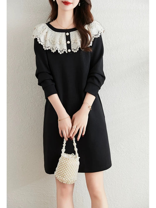 French lace splicing dress for women 2024 new autumn style fat mm loose and flesh-covering slimming little black dress sweatshirt dress