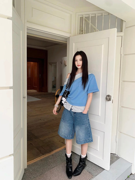 Joeyoo Summer New Style Color Block Patchwork Off-Shoulder T-Shirt Women's Short Sleeve Loose Unique Off-Shoulder Top Trendy
