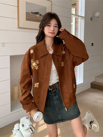 Heavy-duty nail diamond suede jacket for women Spring and Autumn 2025 new style high-end popular Korean motorcycle clothing hot-selling tops