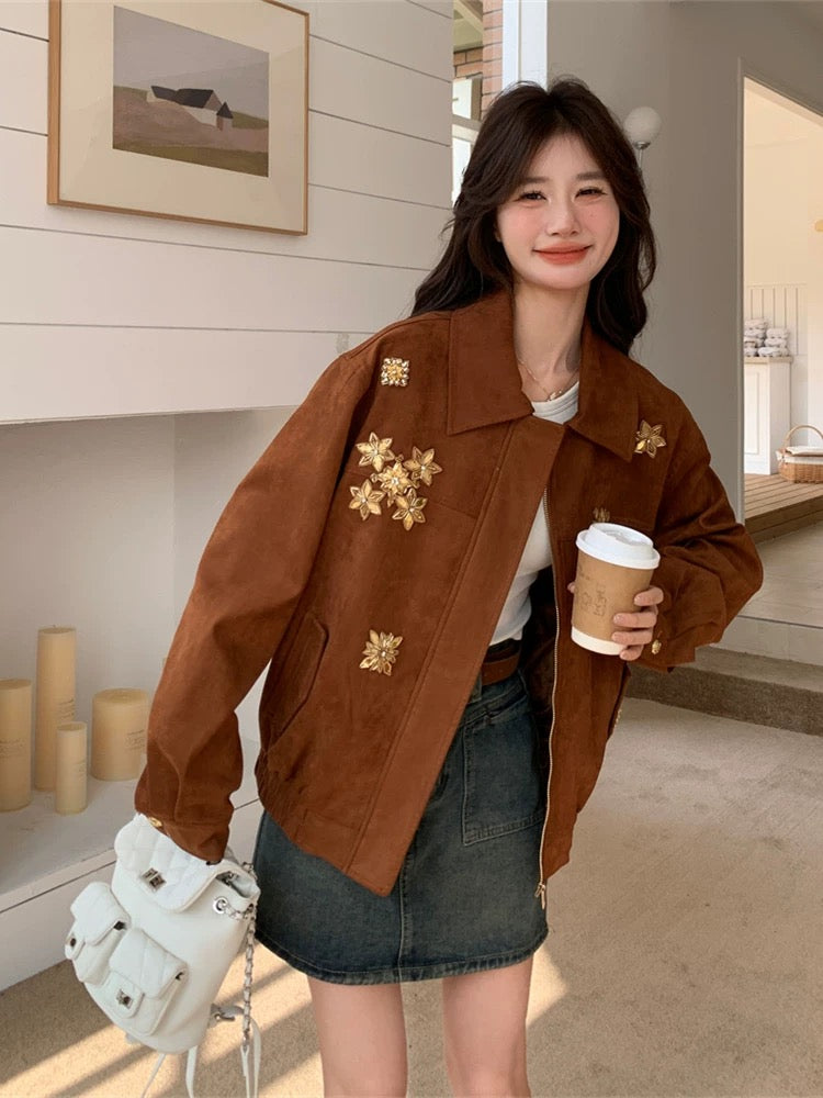 Heavy-duty nail diamond suede jacket for women Spring and Autumn 2025 new style high-end popular Korean motorcycle clothing hot-selling tops