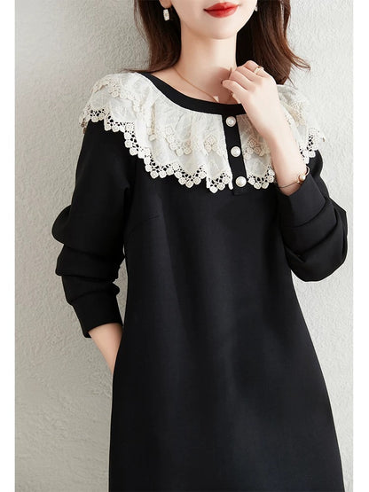 French lace splicing dress for women 2024 new autumn style fat mm loose and flesh-covering slimming little black dress sweatshirt dress