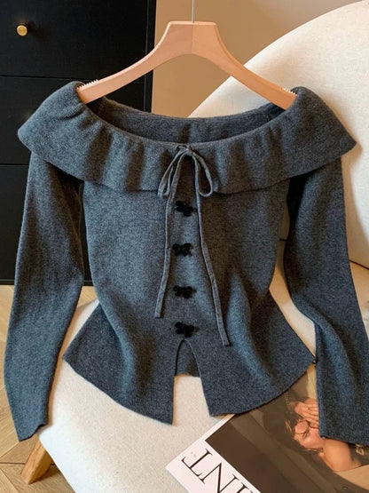 French-style pure and alluring red off-shoulder long-sleeved knit top for women, autumn and winter inner layer base layer, short bow top