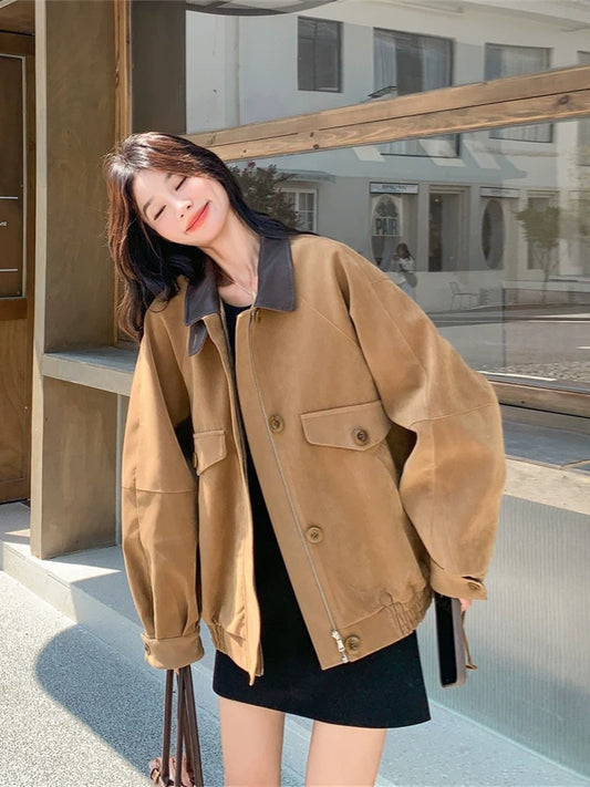 American retro PU leather contrast color lapel suede short jacket women spring and autumn 2025 new style small size popular super hot
