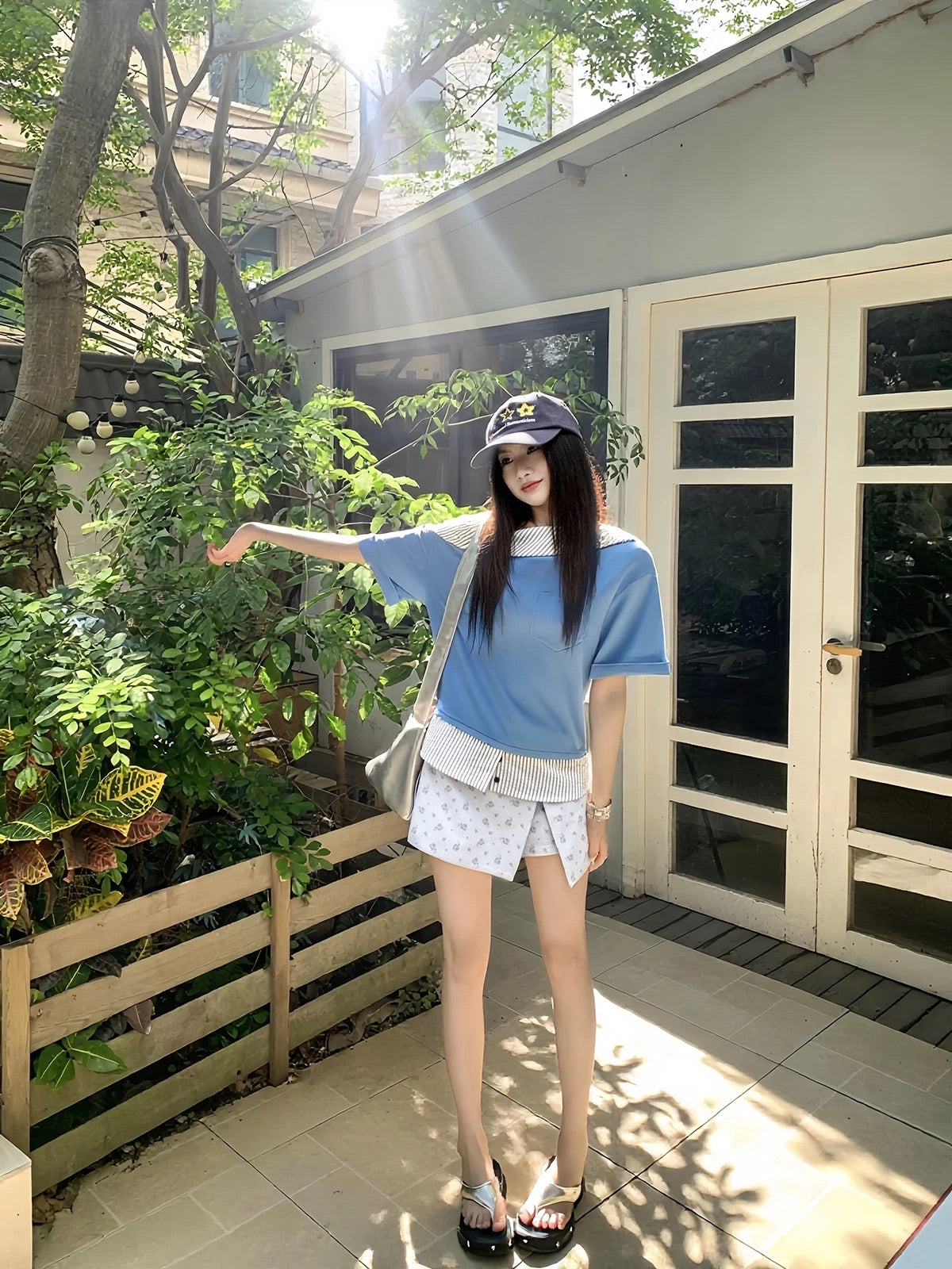 Joeyoo Summer New Style Color Block Patchwork Off-Shoulder T-Shirt Women's Short Sleeve Loose Unique Off-Shoulder Top Trendy