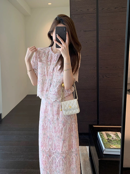 AMR UU◆Heavy embroidered lace cherry blossom pink smudged shirt high waist slit skirt suit women's new summer style