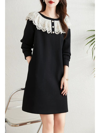French lace splicing dress for women 2024 new autumn style fat mm loose and flesh-covering slimming little black dress sweatshirt dress