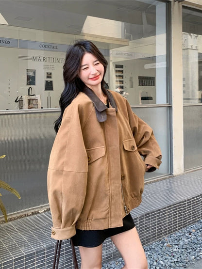 American retro PU leather contrast color lapel suede short jacket women spring and autumn 2025 new style small size popular super hot