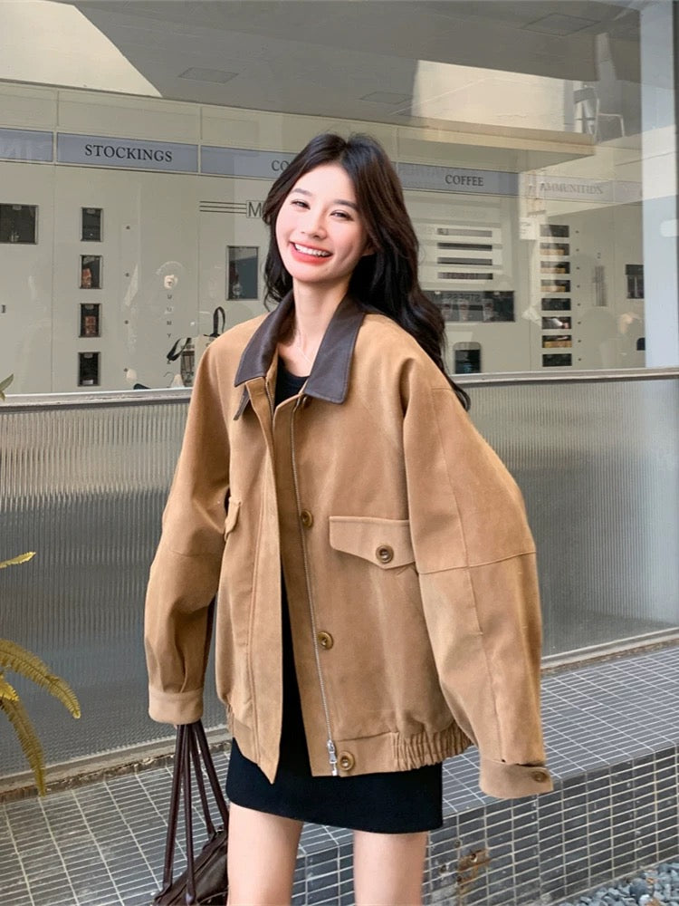American retro PU leather contrast color lapel suede short jacket women spring and autumn 2025 new style small size popular super hot