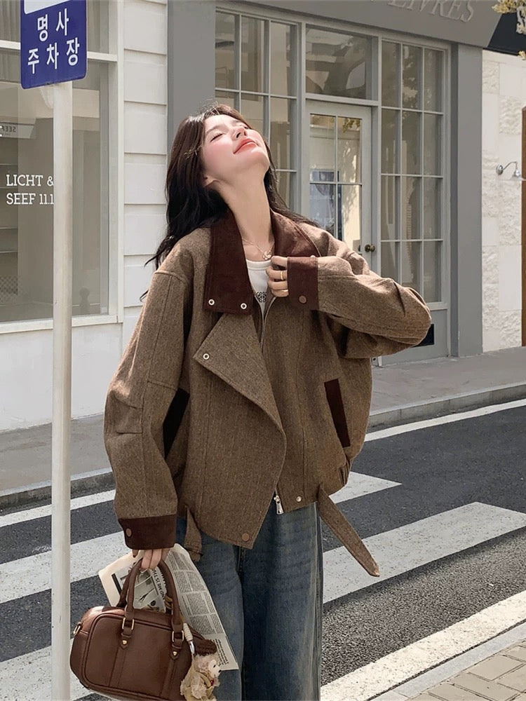 Splicing coffee color short woolen coat women autumn and winter 2025 new Hong Kong style retro small coat popular hot style