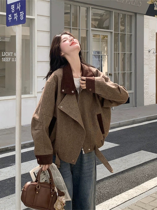 Splicing coffee color short woolen coat women autumn and winter 2025 new Hong Kong style retro small coat popular hot style