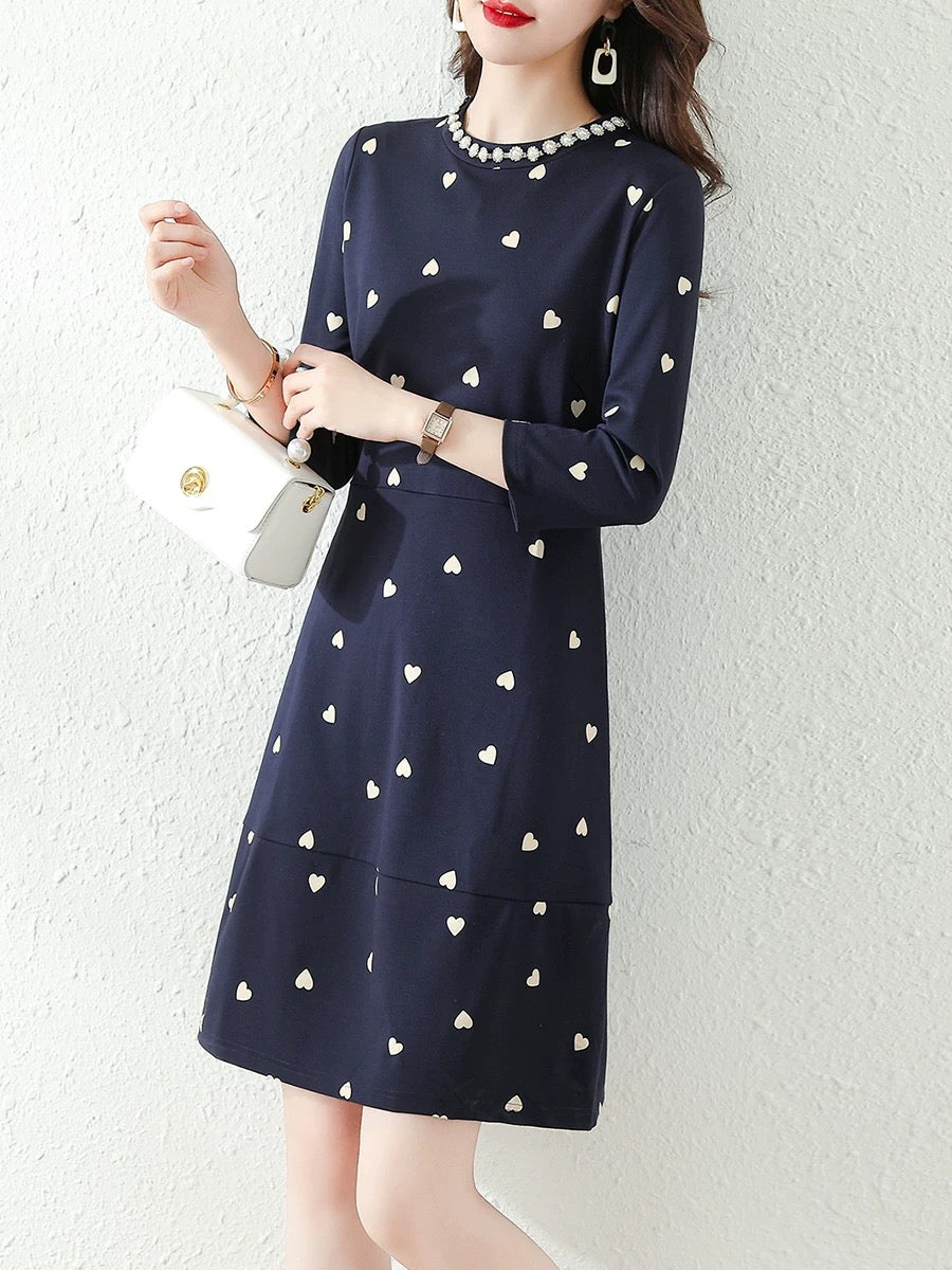 French 2024 Autumn New Fashion Love Print Dress Three Quarter Sleeves Goddess Style Slim A-Line Skirt