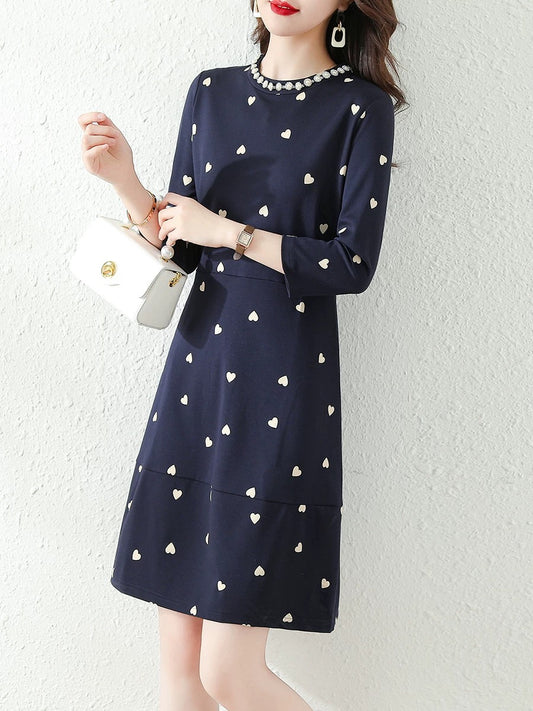 French 2024 Autumn New Fashion Love Print Dress Three Quarter Sleeves Goddess Style Slim A-Line Skirt