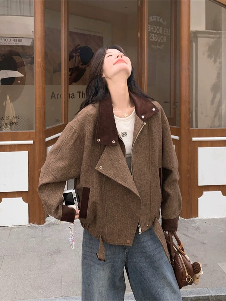 Splicing coffee color short woolen coat women autumn and winter 2025 new Hong Kong style retro small coat popular hot style