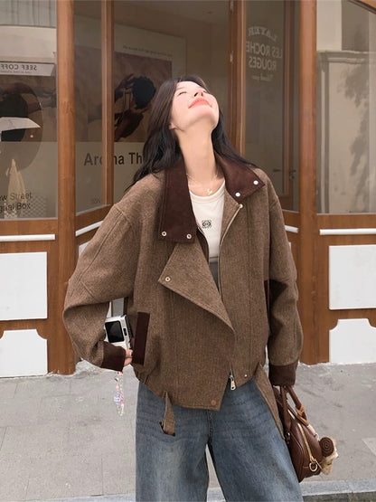 Splicing coffee color short woolen coat women autumn and winter 2025 new Hong Kong style retro small coat popular hot style