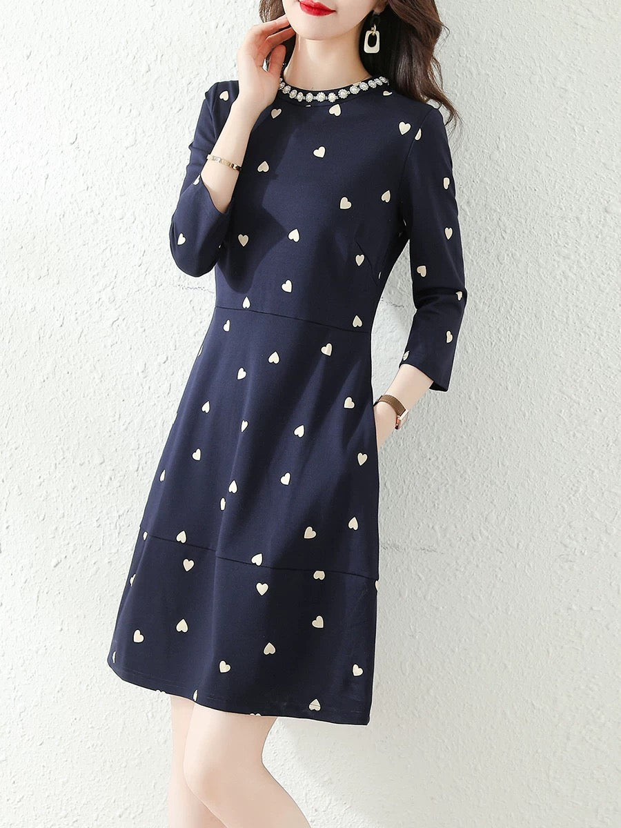 French 2024 Autumn New Fashion Love Print Dress Three Quarter Sleeves Goddess Style Slim A-Line Skirt