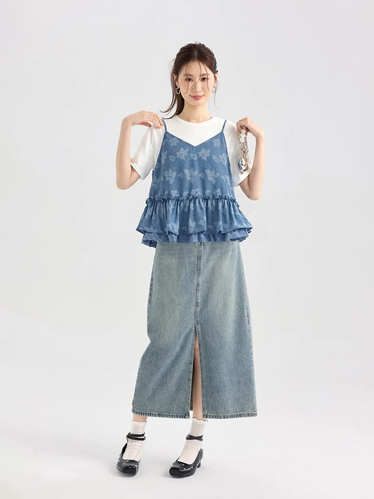 Love Rose large size fat mm ruffled doll shirt suspender T-shirt two-piece summer tops women's design suit