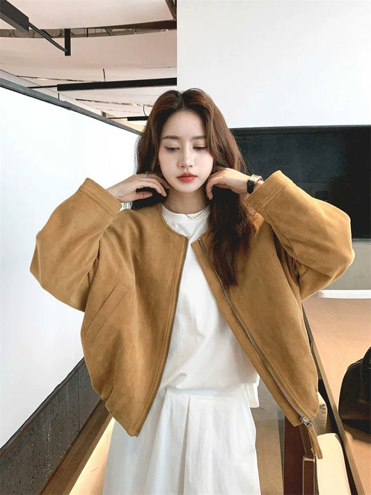 Khaki suede short jacket for women Spring and Autumn 2025 new American retro style very good-looking unique top