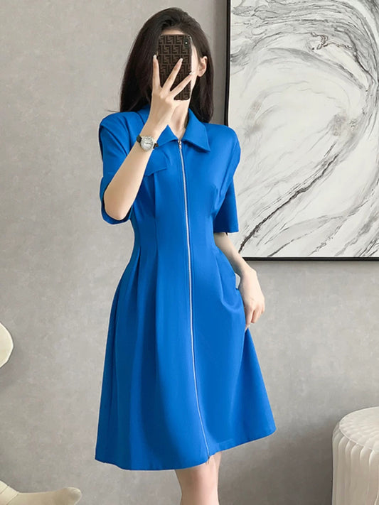 2025 summer new trendy color Klein blue pleated waist slim fit zipper lapel mid-length sweater skirt for women