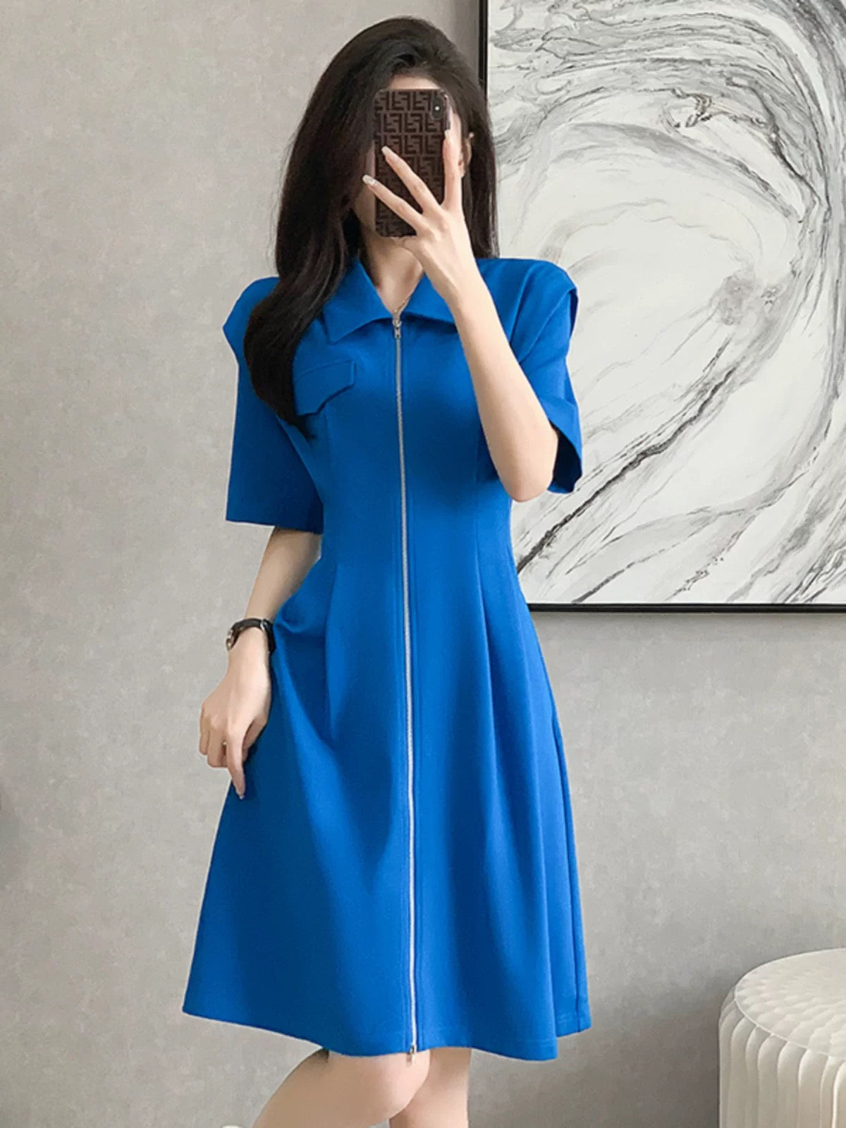 2025 summer new trendy color Klein blue pleated waist slim fit zipper lapel mid-length sweater skirt for women