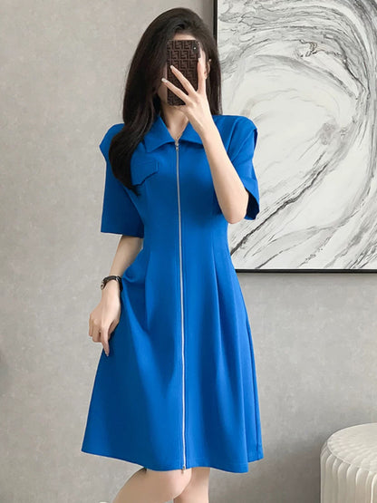 2025 summer new trendy color Klein blue pleated waist slim fit zipper lapel mid-length sweater skirt for women