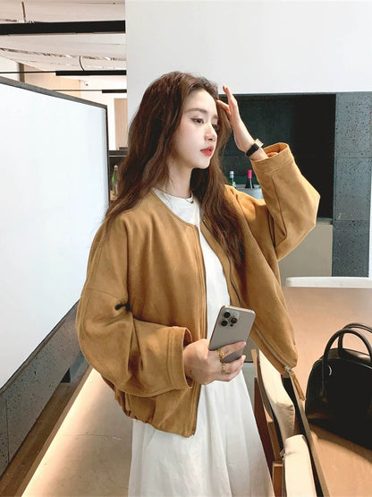 Khaki suede short jacket for women Spring and Autumn 2025 new American retro style very good-looking unique top