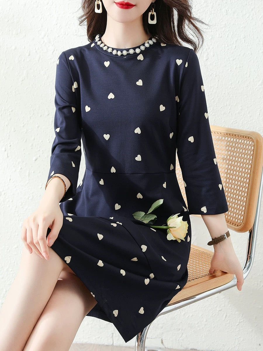 French 2024 Autumn New Fashion Love Print Dress Three Quarter Sleeves Goddess Style Slim A-Line Skirt