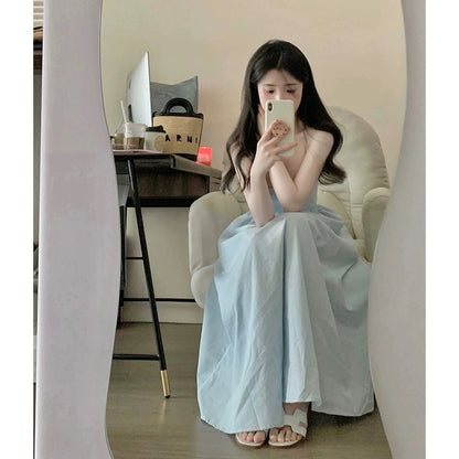 New tea style French retro square neck suspender blue dress pleated sleeveless elegant high waist slimming tutu skirt