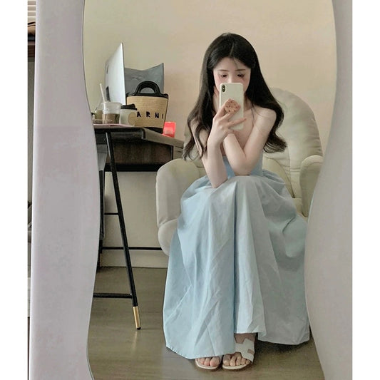 New tea style French retro square neck suspender blue dress pleated sleeveless elegant high waist slimming tutu skirt