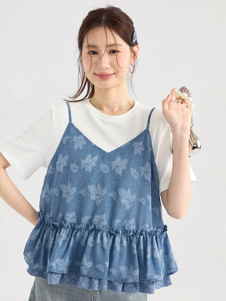 Love Rose large size fat mm ruffled doll shirt suspender T-shirt two-piece summer tops women's design suit