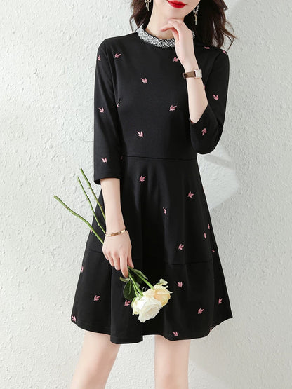 Autumn 2024 new French style waist slimming A-line skirt fairy black printed A-line dress