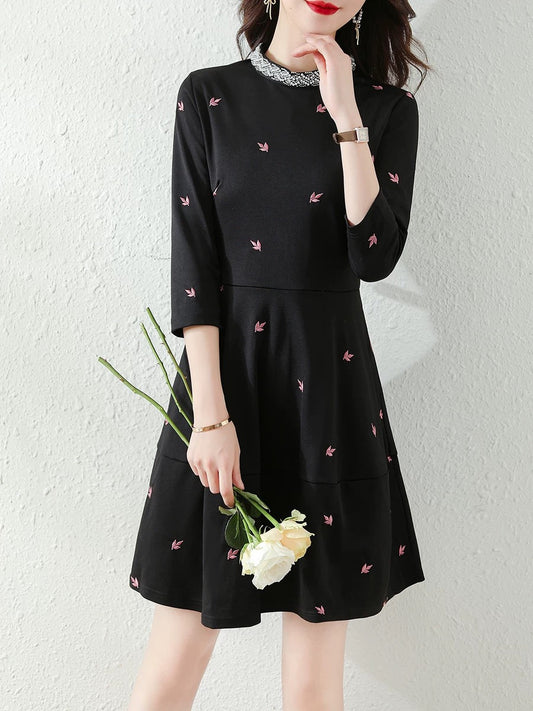 Autumn 2024 new French style waist slimming A-line skirt fairy black printed A-line dress