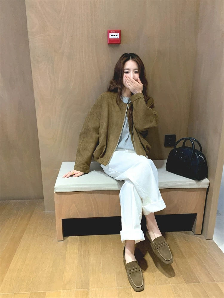 Khaki suede short jacket for women Spring and Autumn 2025 new American retro style very good-looking unique top